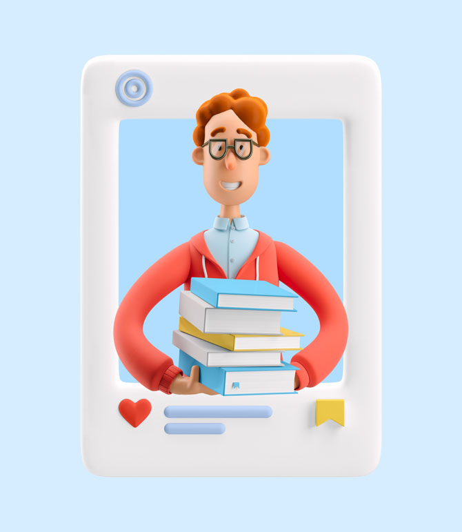 3d illustration. Social media concept. Nerd Larry with book.
